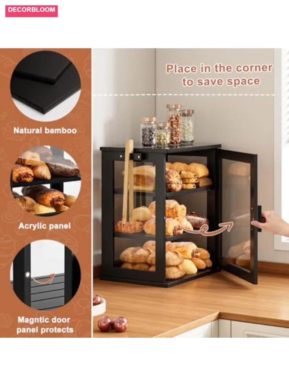 3-Tier Bamboo Bread Box with Transparent Door, Airtight Kitchen Counter Storage